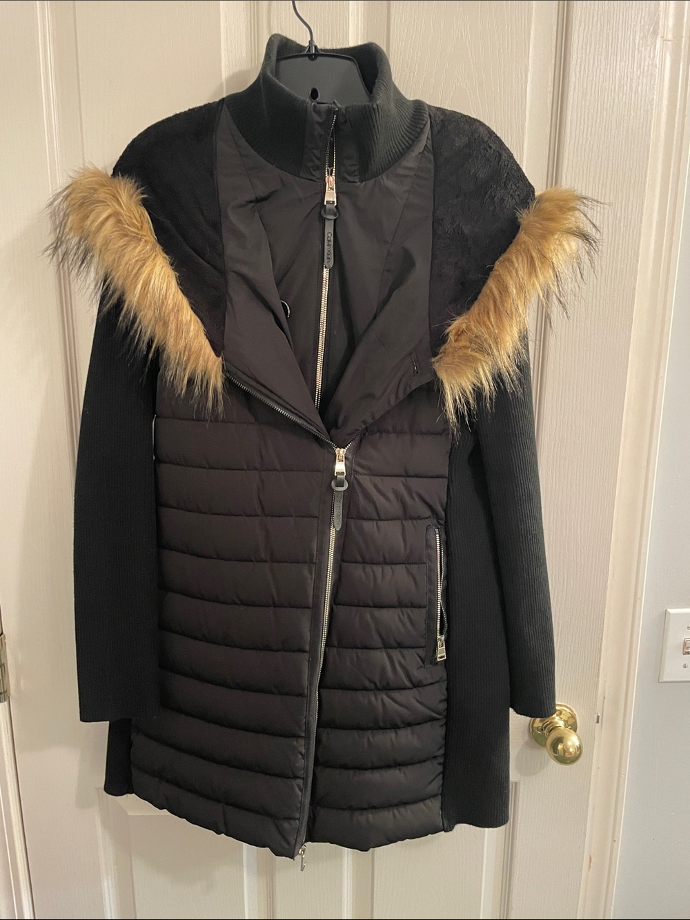 Calvin Klein Black Quilted Puffer Coat with Faux Fur Trim